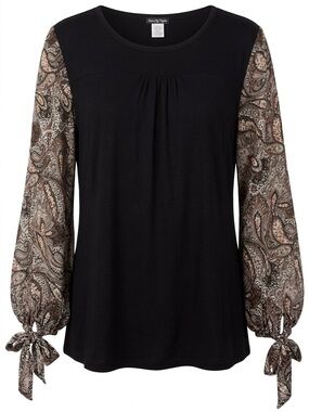 Kim & Cami Plus 3X Black Stretchy Woman Lady Top with Paisley Puff Tie Sleeves